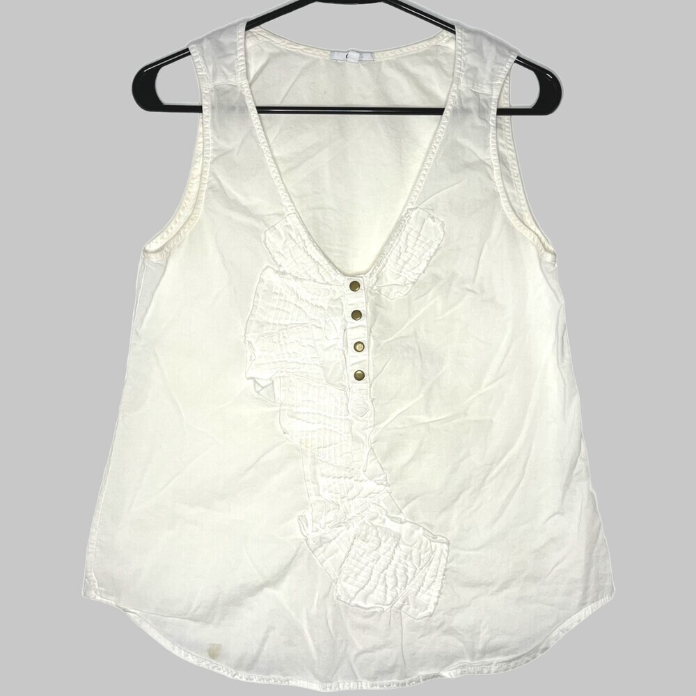Clu Womens Top Small White Cotton V-Neck Sleeveless Snaps Patches USA Made Boho